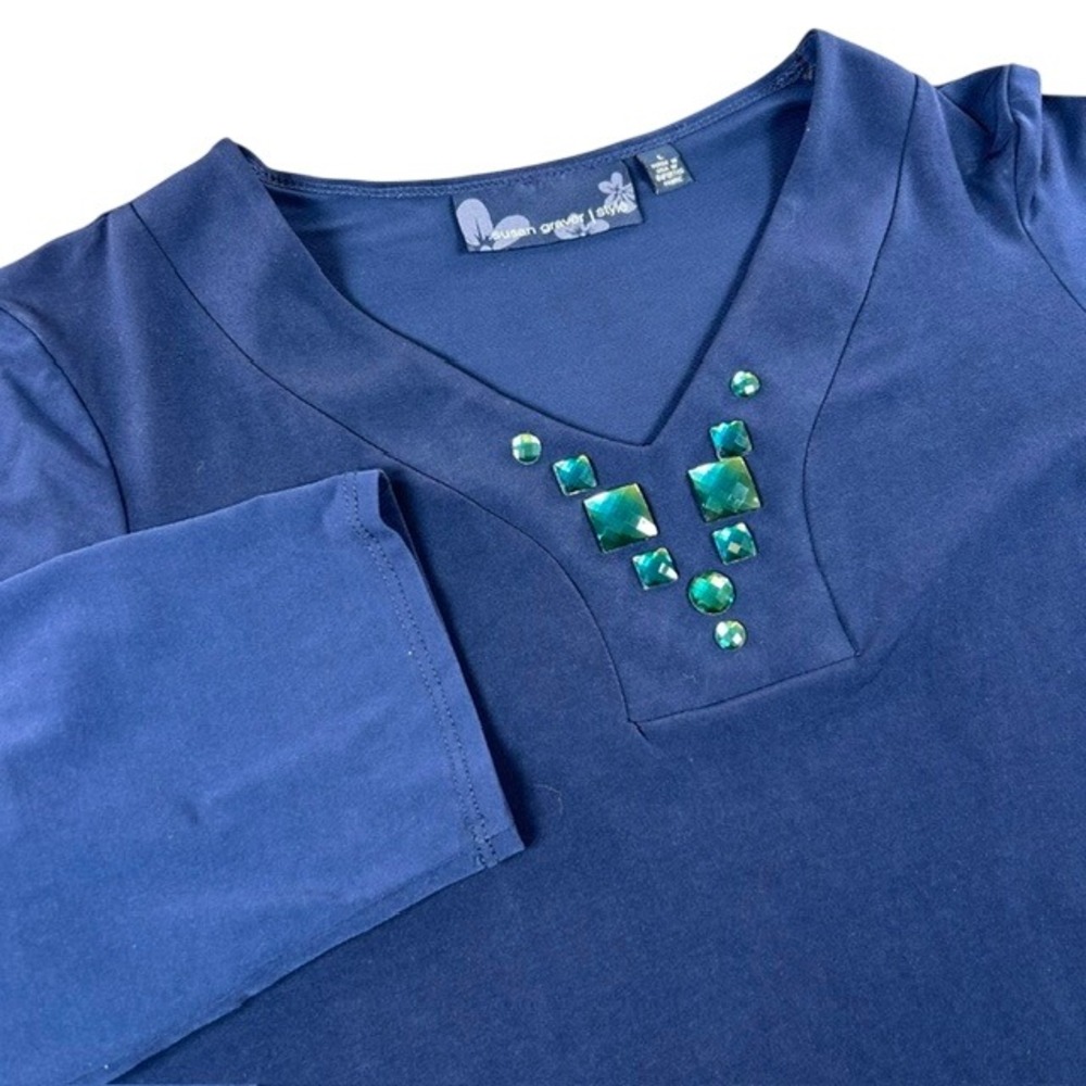 Susan Graver Women's Navy Blue Gem Beaded Embellished Tunic V-Neck Blouse LG